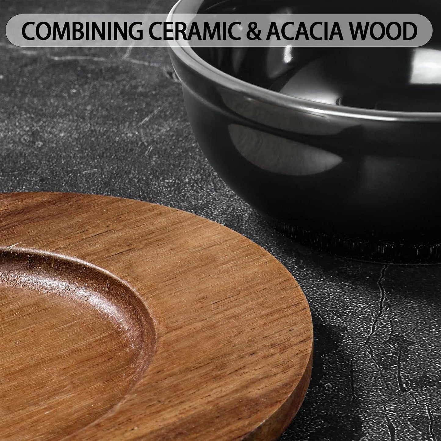 Artena 6oz Turquoise Solid Ceramic Chips and Dip Serving Platter with Acacia Wooden Tray, 4.5inch Glazing Small Serving Bowls/Dipping Dishes for Condiments,Side Dishes, Dipping, Pre, Dessert, Salsa