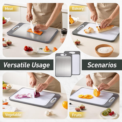 2 Packs Stainless Steel Cutting Board Set, Best Non Toxic Cutting Boards for Kitchen, Double Sided Metal Chopping Board for Meat/Fruit/Vegetables, Food Grade Kitchen Set Gift, [16”×11”+18”×12” Inch]