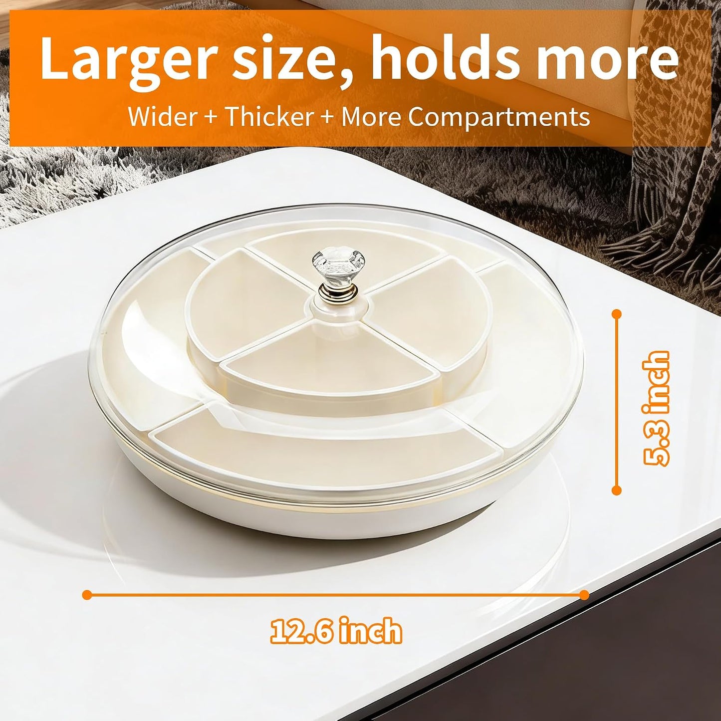 Large 8-Compartment Rotating Snack Tray with Lid, Food Grade PP Divided Serving Tray with Removable Dividers, 360° Spin for Party, Fridge Storage, Fruits & Nuts (Cream White)