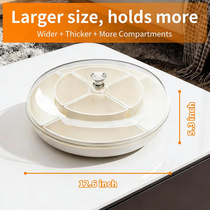 Large 8-Compartment Rotating Snack Tray with Lid, Food Grade PP Divided Serving Tray with Removable Dividers, 360° Spin for Party, Fridge Storage, Fruits & Nuts (Cream White)