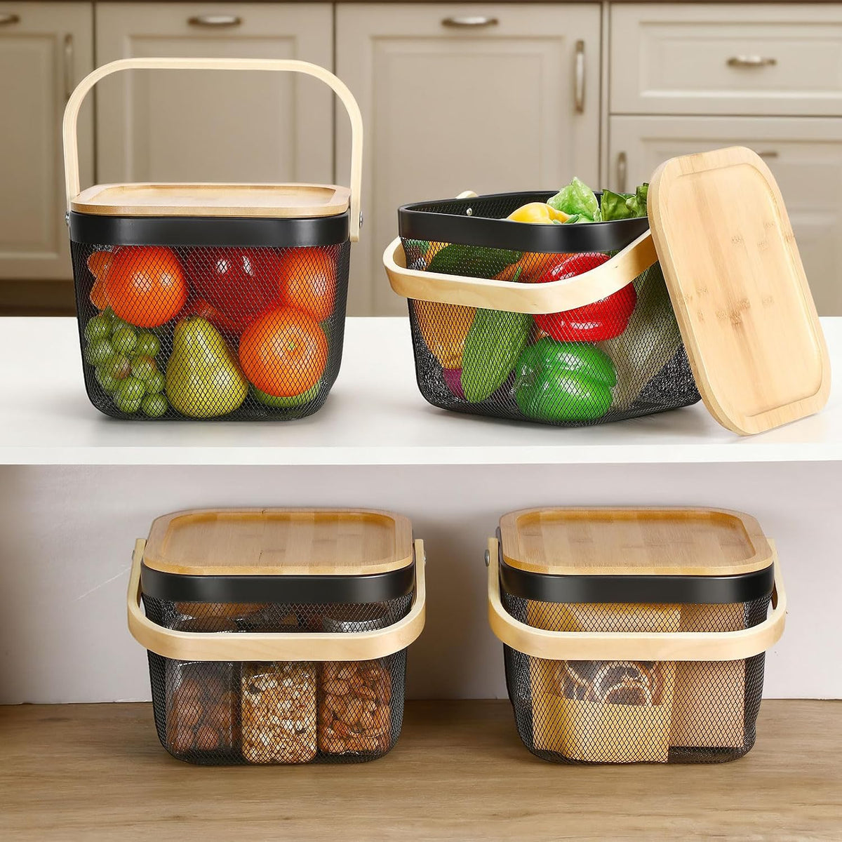 Maxdot 4 Pcs Metal Wire Mesh Fruit Basket with Lid and Handles Black Harvest Basket Fly-proof Fresh Vegetable Storage Bins Stackable for Gathering Kitchen Garden Picnic Shopping 9.6 x 9.6 x 7 Inch