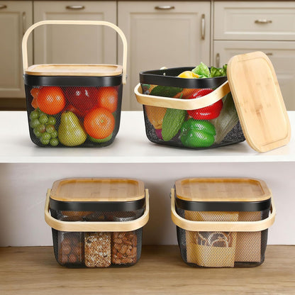 Maxdot 4 Pcs Metal Wire Mesh Fruit Basket with Lid and Handles Black Harvest Basket Fly-proof Fresh Vegetable Storage Bins Stackable for Gathering Kitchen Garden Picnic Shopping 9.6 x 9.6 x 7 Inch