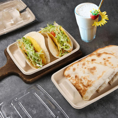 Nexboraque 50 Pack Disposable Taco Holder, 3 Compartments Biodegradable Taco Plates Taco Stands Bar Serving Set for a Party, Taco Tuesday, Microwave Safe
