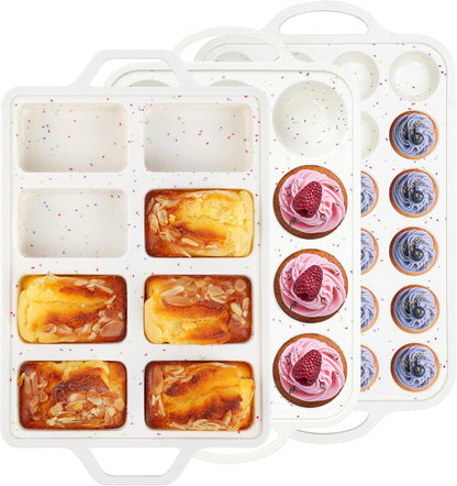 Regular 12 Cup and Mini 24 Cup Nonstick Cupcake Pan Set Silicone Muffin Pan for Baking Silicone Cupcake Mold with Metal Reinforced Frame BPA Free (2 Pcs, Cream)