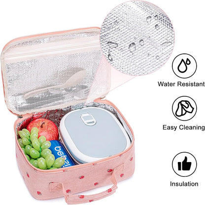 Bluboon Insulated Lunch Bag for Girls & Boys, Corduroy School Lunch Box with Cooler & Organizer Compartments, Leak-Proof Lunch Tote for School, Travel (Corduroy Strawberries Beige)