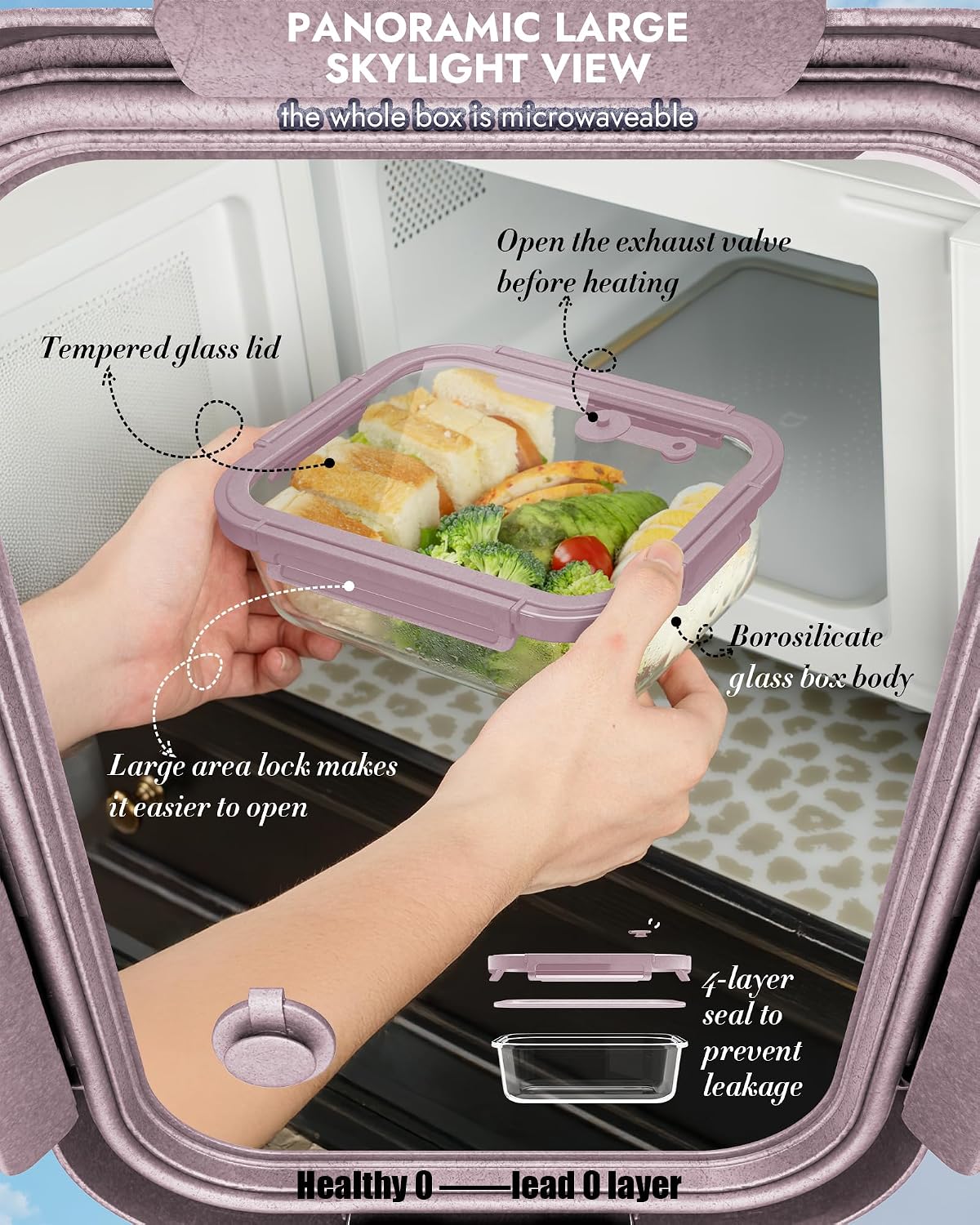 5-Pack Borosilicate Glass Containers with Tempered Glass Lids, 35.2oz/4.4 Cup Airtight Meal Prep Set, Microwave/Freezer Safe (Gray)