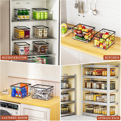 Freezer Organizer Bins, Upgrade Quick Expand/Collapse Feature, for 3.5 Cu.Ft Deep Freezer, 3 Pack Stackable Deep Freezer Organizer Bins, Black Wire Foldable Baskets with Handles (Black 3 Pack)