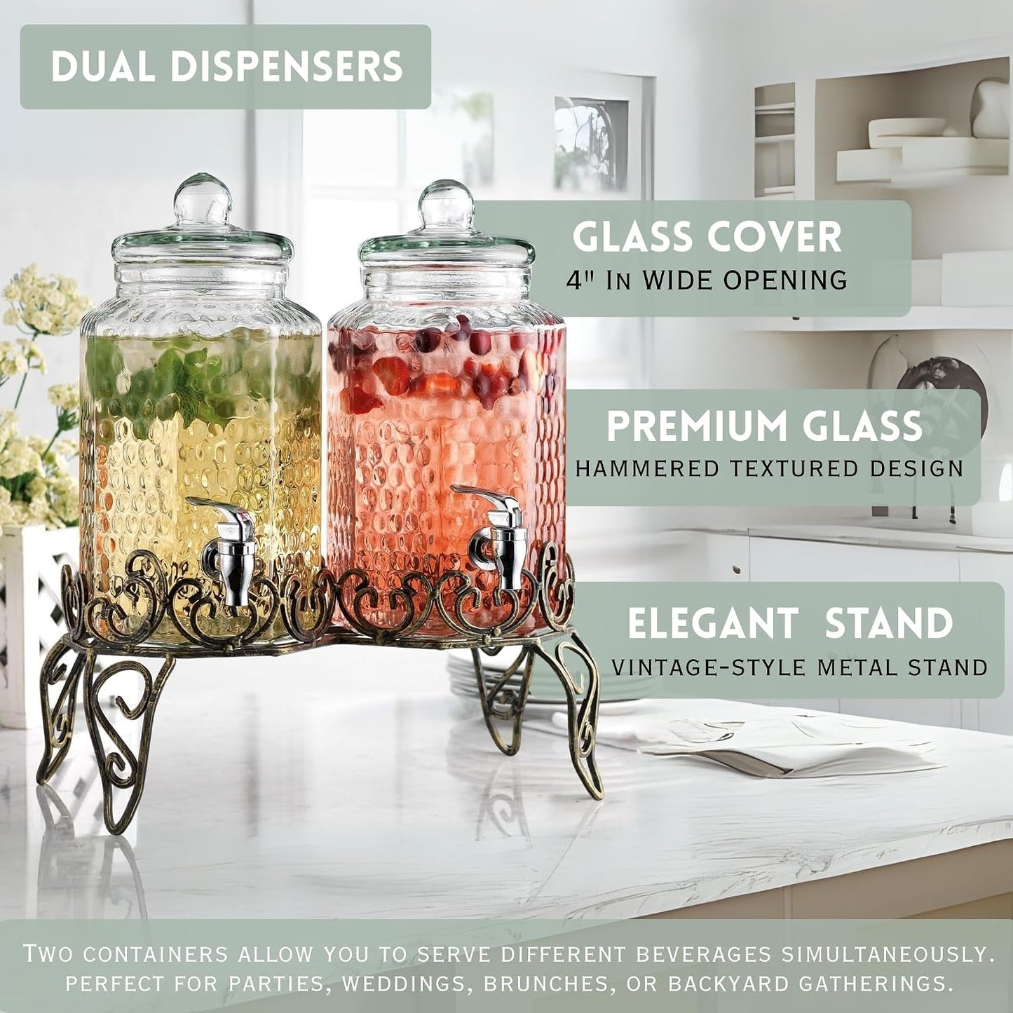 Glass Beverage Dispenser with Classy Metal Stand (Set of 2), 1.Gallon Glass Drink Dispenser with 100% Leak Proof Spigot, Party Drink Dispenser for Lemonade, Punch, Water, Juice for Parties