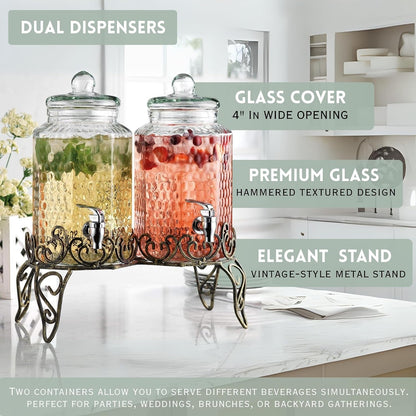 Glass Beverage Dispenser with Classy Metal Stand (Set of 2), 1.Gallon Glass Drink Dispenser with 100% Leak Proof Spigot, Party Drink Dispenser for Lemonade, Punch, Water, Juice for Parties