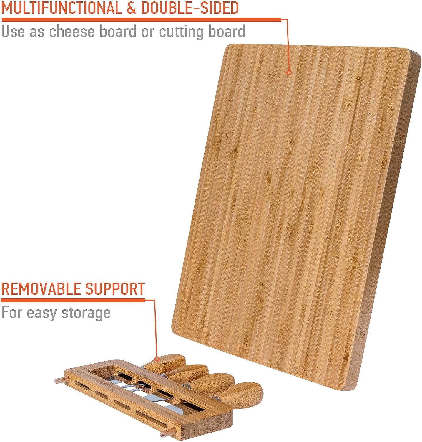 Bamboo Cheese Board and Knife Set – 14 inch Round Charcuterie Board, Serving Tray, Platter, Wood Cheeseboard Set with Slide-Out Drawer – BlauKe®