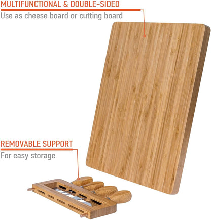 Bamboo Cheese Board and Knife Set – 14 inch Round Charcuterie Board, Serving Tray, Platter, Wood Cheeseboard Set with Slide-Out Drawer – BlauKe®