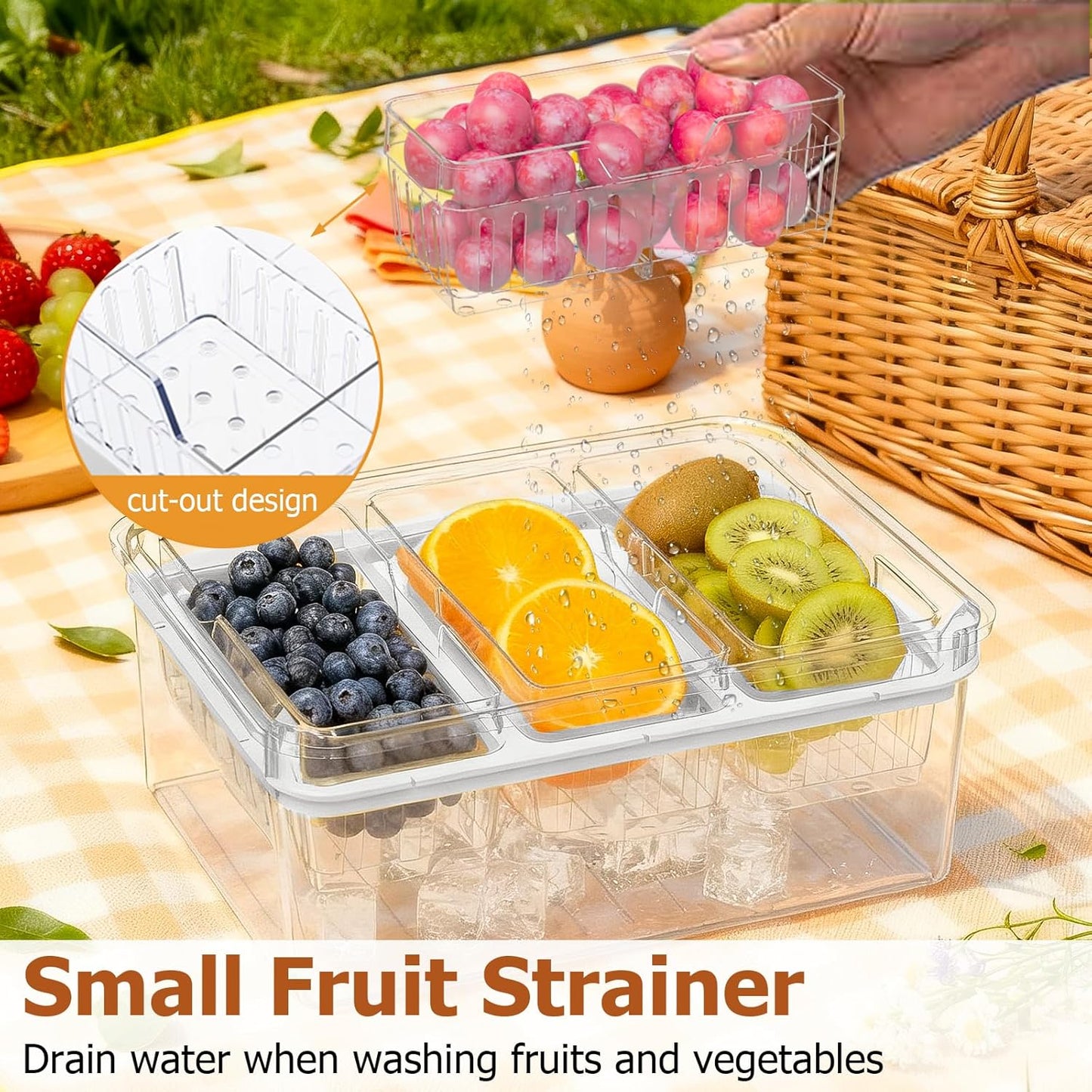 Sorgion Ice Chilled Condiment Caddy with Portable Handle, 3 Compartment Serving Tray with Ice Chamber, Clear Garnish Tray for Bar, Taco Party, BBQ, Picnic & Fruit White