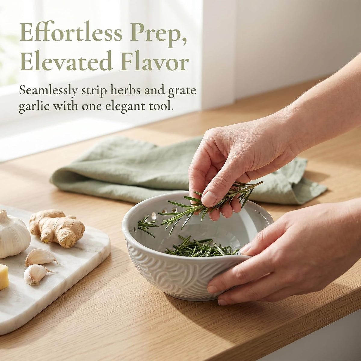 Ceramic Herb Stripper and Garlic Ginger Grater Bowl, 3-in-1 Kitchen Tool
