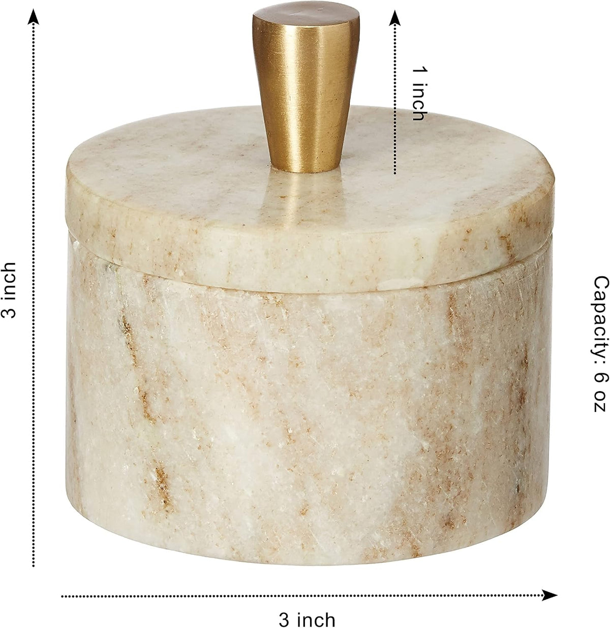 Queenza White Marble Salt Cellar with Lid and Brass Knob, 3 Inch Salt Box