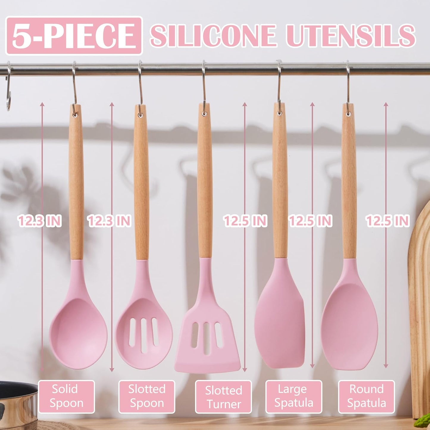 E-far Silicone Cooking Utensils Set, 5-Piece Kitchen Utensils Set with Wooden Handle for Cooking, Silicone Kitchen Nonstick Tools Spatula Turner Slotted Spoons, Nontoxic & Heat Resistant-Khaki
