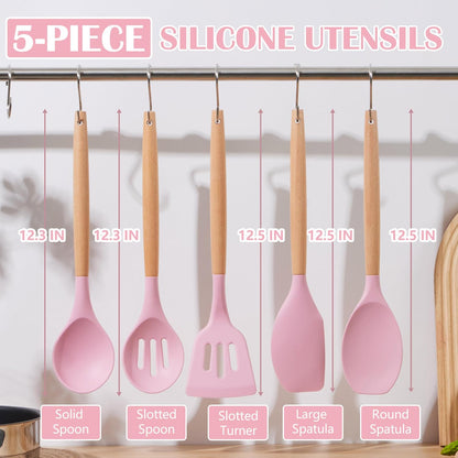 E-far Silicone Cooking Utensils Set, 5-Piece Kitchen Utensils Set with Wooden Handle for Cooking, Silicone Kitchen Nonstick Tools Spatula Turner Slotted Spoons, Nontoxic & Heat Resistant-Khaki