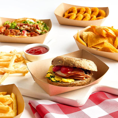 ZORRITA 2 Lb Paper Food Trays - 100 Pack Disposable Nacho Trays Brown Food Boats Take Out Basket Holders for Serving Party Snacks Hot Dogs Tacos Fries