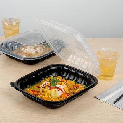 Thermo Tek 40 Ounce Clamshell Containers, 50 Disposable Take Out Boxes - 3 Compartments, Ventilated Lids, Black Plastic Meal Prep Containers, Microwavable, For Pasta Or Salads - Restaurantware