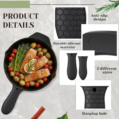 8 Pcs Silicone Pot Holders Set Cast Iron Handle Sleeve Heat Resistant Silicone Non-Slip Pot Handle Covers Small & Large Black for Cast Iron Skillets and Pans