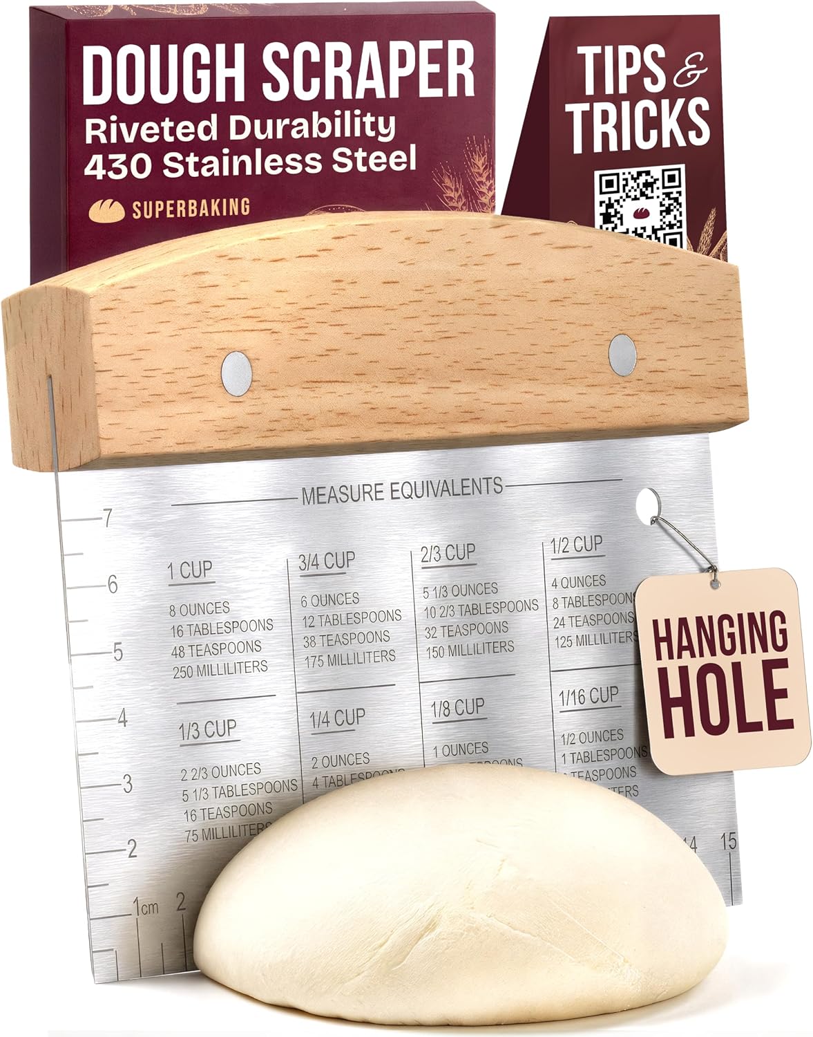 Superbaking Dough Scraper - 6" Wooden Bench Scraper - Dough Cutter with Ruler - Pastry & Cake Scraper - Kitchen Tools Sourdough Baking Supplies - Bread Making Tools & Accessories for Home Bakers