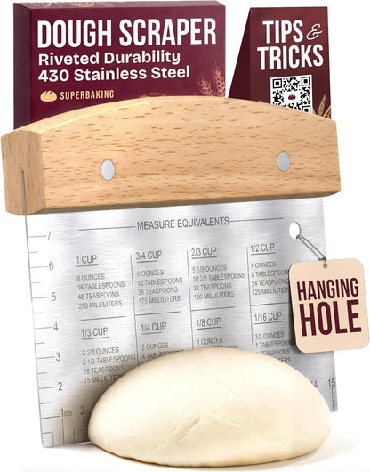 Superbaking Dough Scraper - 6" Wooden Bench Scraper - Dough Cutter with Ruler - Pastry & Cake Scraper - Kitchen Tools Sourdough Baking Supplies - Bread Making Tools & Accessories for Home Bakers