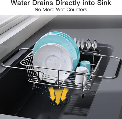 JASIWAY Dish Drying Rack in Sink, Expandable Stainless Steel Dish Drainers for Kitchen Counter, Dish Dryer Rack for Inside Sink, Over The Sink Dish Racks with Utensil Holder, Silver