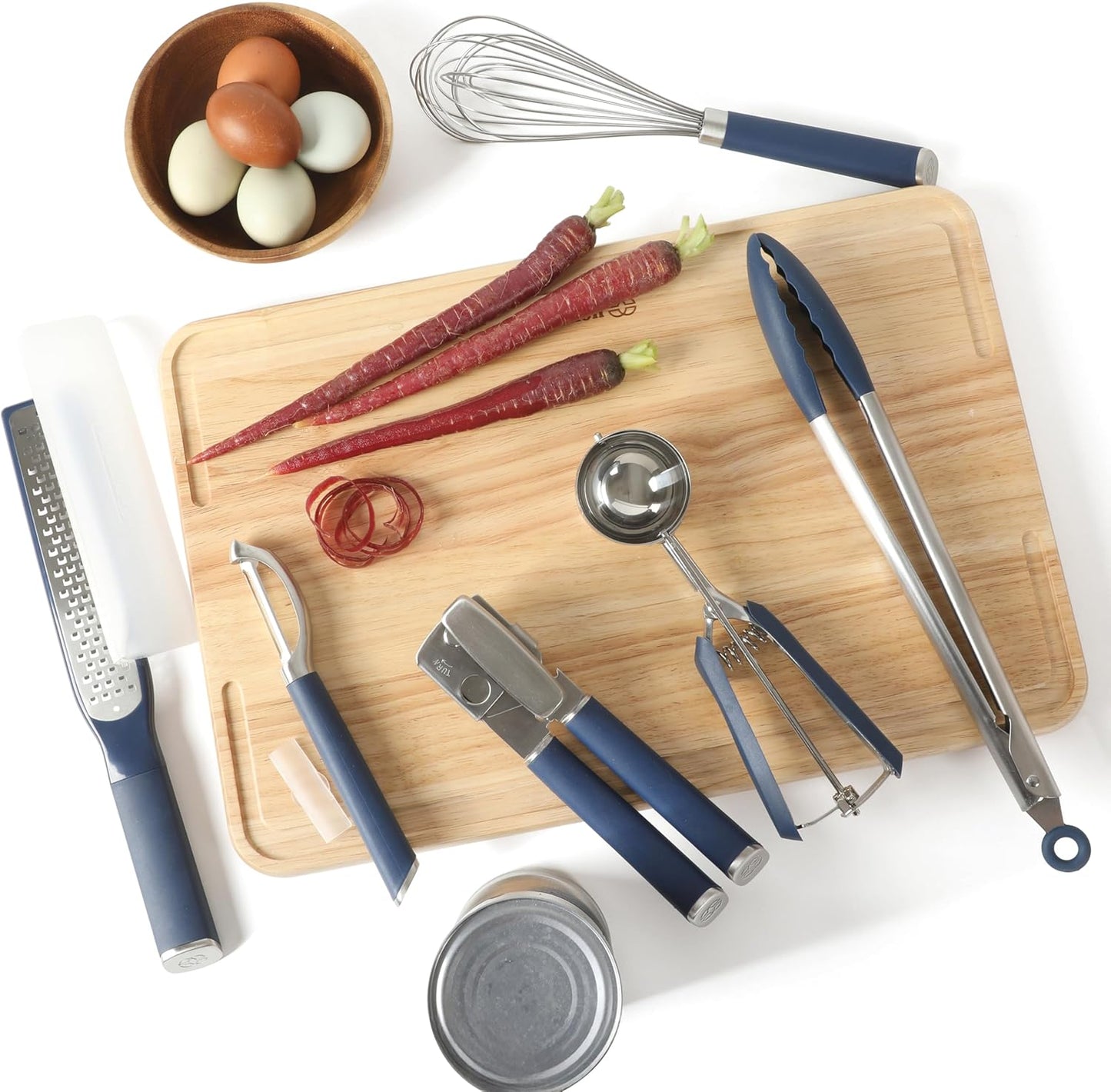 Calphalon Edge 6-Piece Stainless Steel Kitchen Tool & Gadget Set, Kitchen Utensil Set with Silicone Accent, Can opener, Straight peeler, Grater, Tongs, Balloon whisk and Scoop (Taupe)