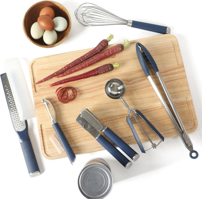 Calphalon Edge 6-Piece Stainless Steel Kitchen Tool & Gadget Set, Kitchen Utensil Set with Silicone Accent, Can opener, Straight peeler, Grater, Tongs, Balloon whisk and Scoop (Taupe)