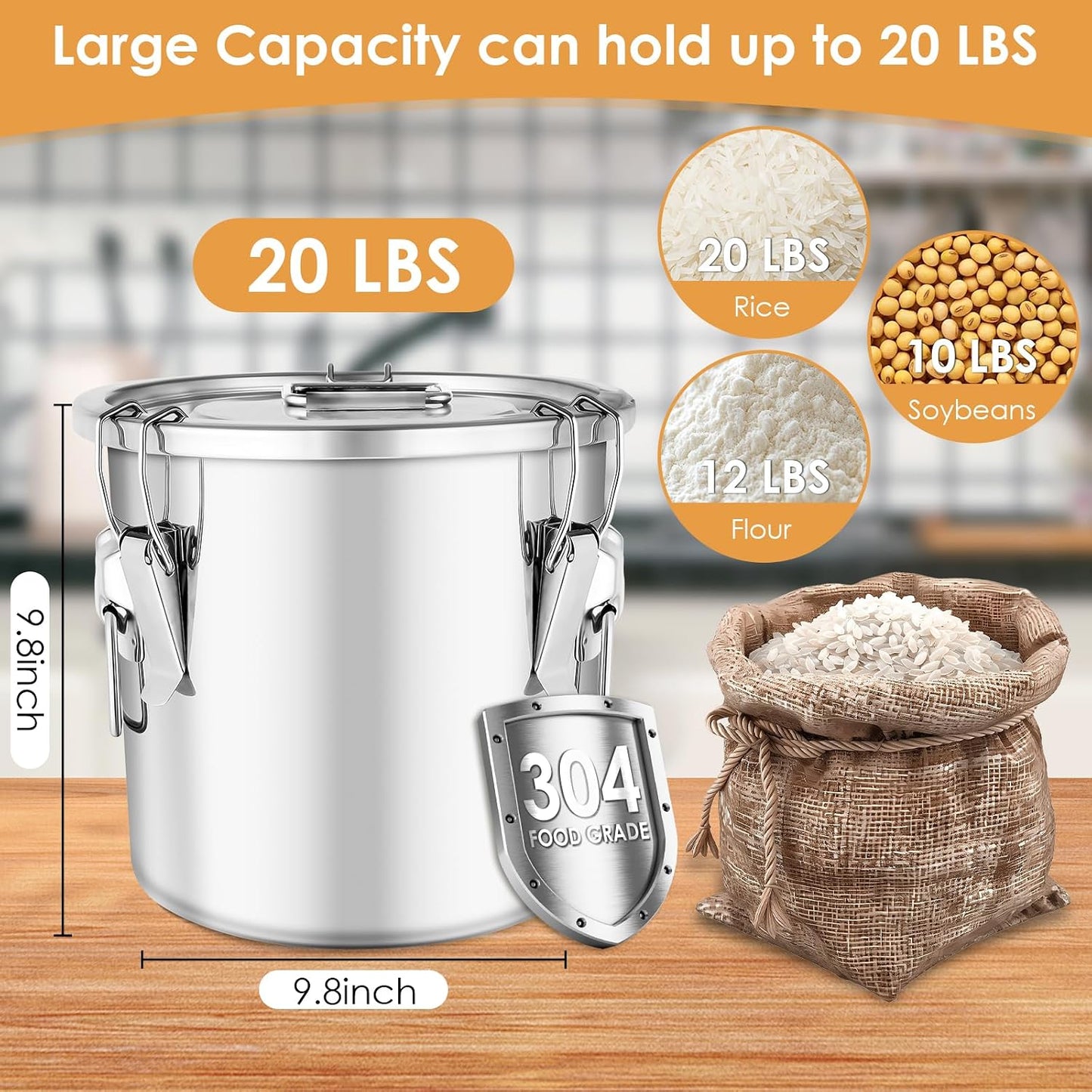 304 Stainless Steel Food Containers with Lids,12L/20LBS Airtight Food Storage Containers with Lock Clips for Flour Rice Sugar Coffee Bean,Stainless Steel Food Storage Containers for Kitchen