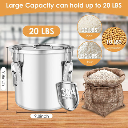 304 Stainless Steel Food Containers with Lids,12L/20LBS Airtight Food Storage Containers with Lock Clips for Flour Rice Sugar Coffee Bean,Stainless Steel Food Storage Containers for Kitchen