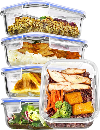 Vtopmart 10 Pack 35oz Glass Food Storage Containers with Lids, Meal Prep Containers, Airtight Reusable Lunch Container Set, Safe for Oven, Microwave, Freezer, and Dishwasher, Grey
