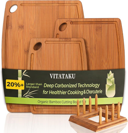 Bamboo Cutting Boards for Kitchen, 15.4" Deep Carbonized Wood Cutting Board with Storage Stand, 3 Piece Extra Thick Cutting Board Set with Deep Juice Grooves, Gift for Charcuterie Boards