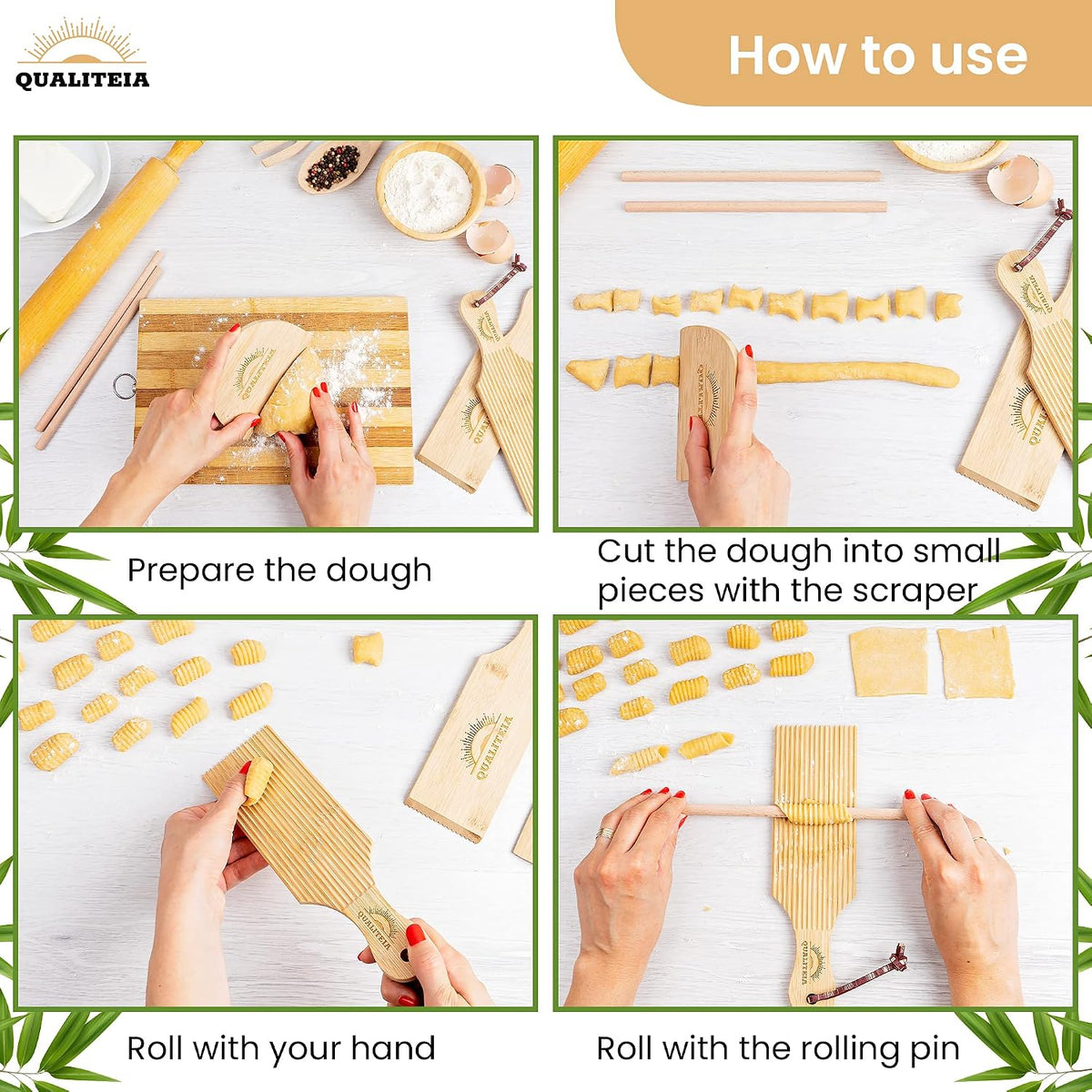 Gnocchi Board Set for Rolling Dough - 2x Paddles, 2x Rollers & 1x Cutter, Bamboo Pasta Shaper Tools Butter Maker, Garganelli Cavatelli Tortellini Cavarola Roller (Gnocchi Board Set 4)