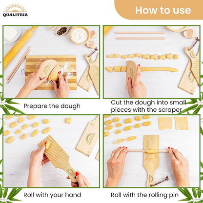 Gnocchi Board Set for Rolling Dough - 2x Paddles, 2x Rollers & 1x Cutter, Bamboo Pasta Shaper Tools Butter Maker, Garganelli Cavatelli Tortellini Cavarola Roller (Gnocchi Board Set 4)