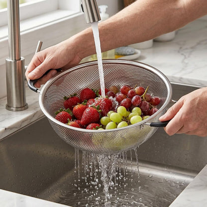 Restaurantware Colander 1 Count 5.5 qt Dishwasher-Safe Stainless Steel Coarse Mesh Colander with Over-The-Sink Expandable Handles Kitchen Strainer Basket for Pasta, Fruits, and Vegetables