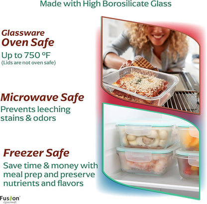 Fusion Gourmet 8 Pack 35 oz Glass Storage Containers with Lids - Airtight, Leakproof, Oven, Microwave & Freezer Safe, Stain & Odor Resistant, Reusable Meal Prep Containers (16-Piece)