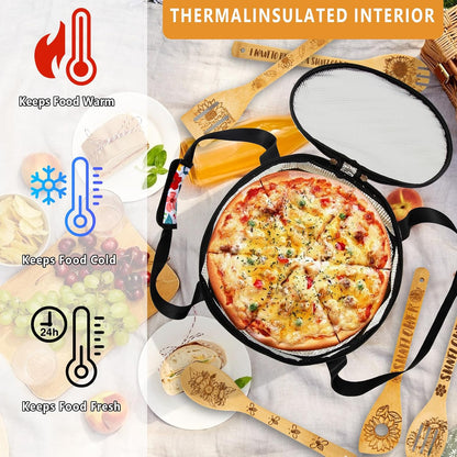 Casserole Carrier &5Pcs Sunflower Wooden Cooking Spoons Set,12.5" Pie Carrier,2 Compartments Insulated Pie Carrier with Lid and Handle,Pie Carrying Case,Kitchen Baking Spoon Kitchen Gift Set