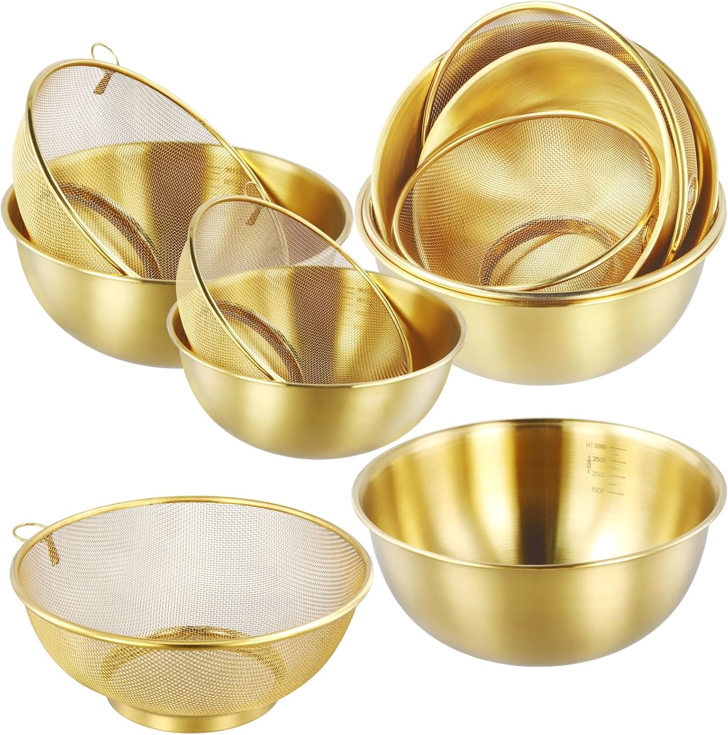 6 PCS Gold Stainless Steel Colander Set, 1.2Qt 2Qt and 3Qt Capacity Rice Washing Strainers with Metal Mixing Bowls Basin for Pasta Straining, Fruit Washing, Vegetable Draining