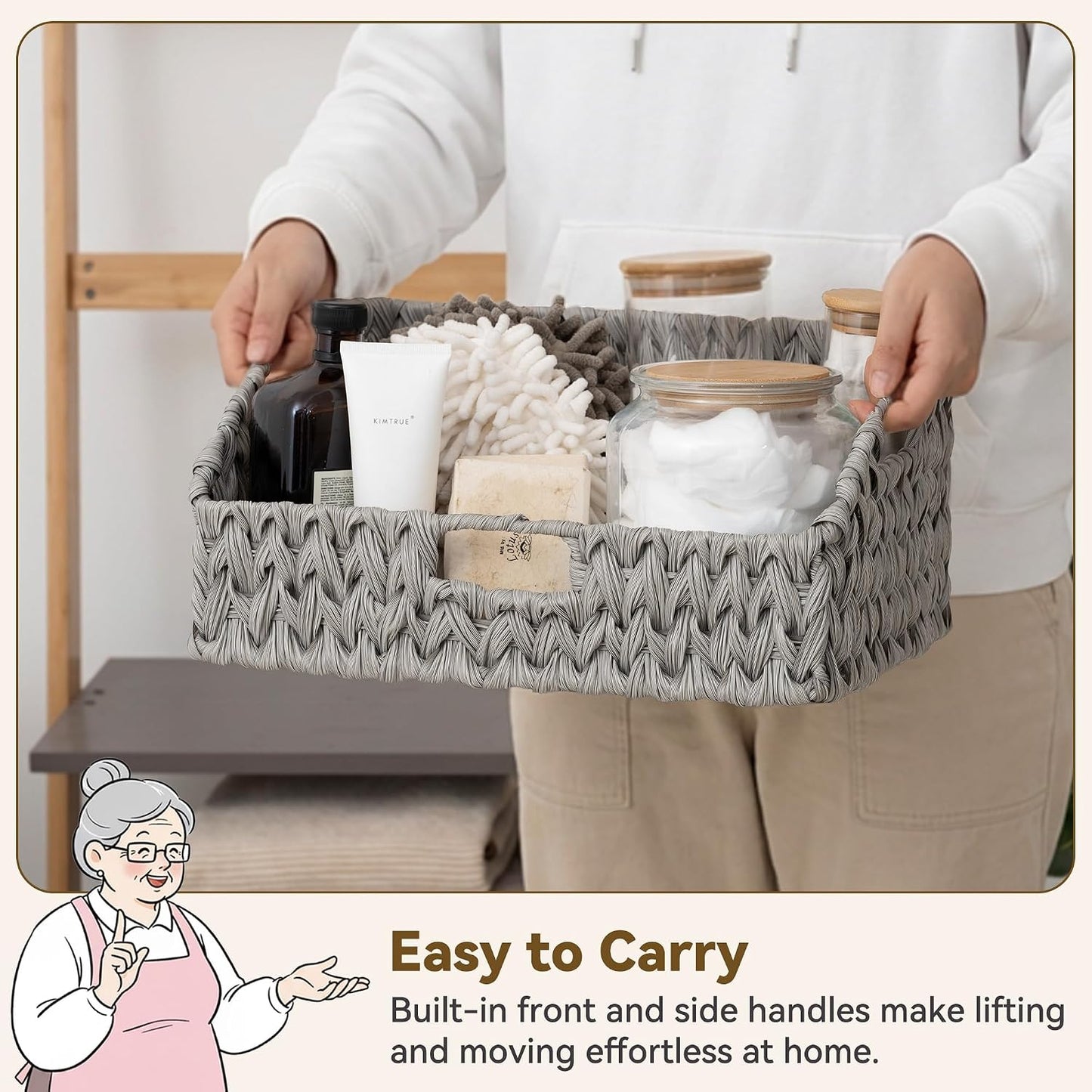 GRANNY SAYS Wicker Storage Baskets for Shelves, Trapezoid Woven Basket with Handles, Storage Wicker Baskets for Pantry, Water Hyacinth, 2-Pack