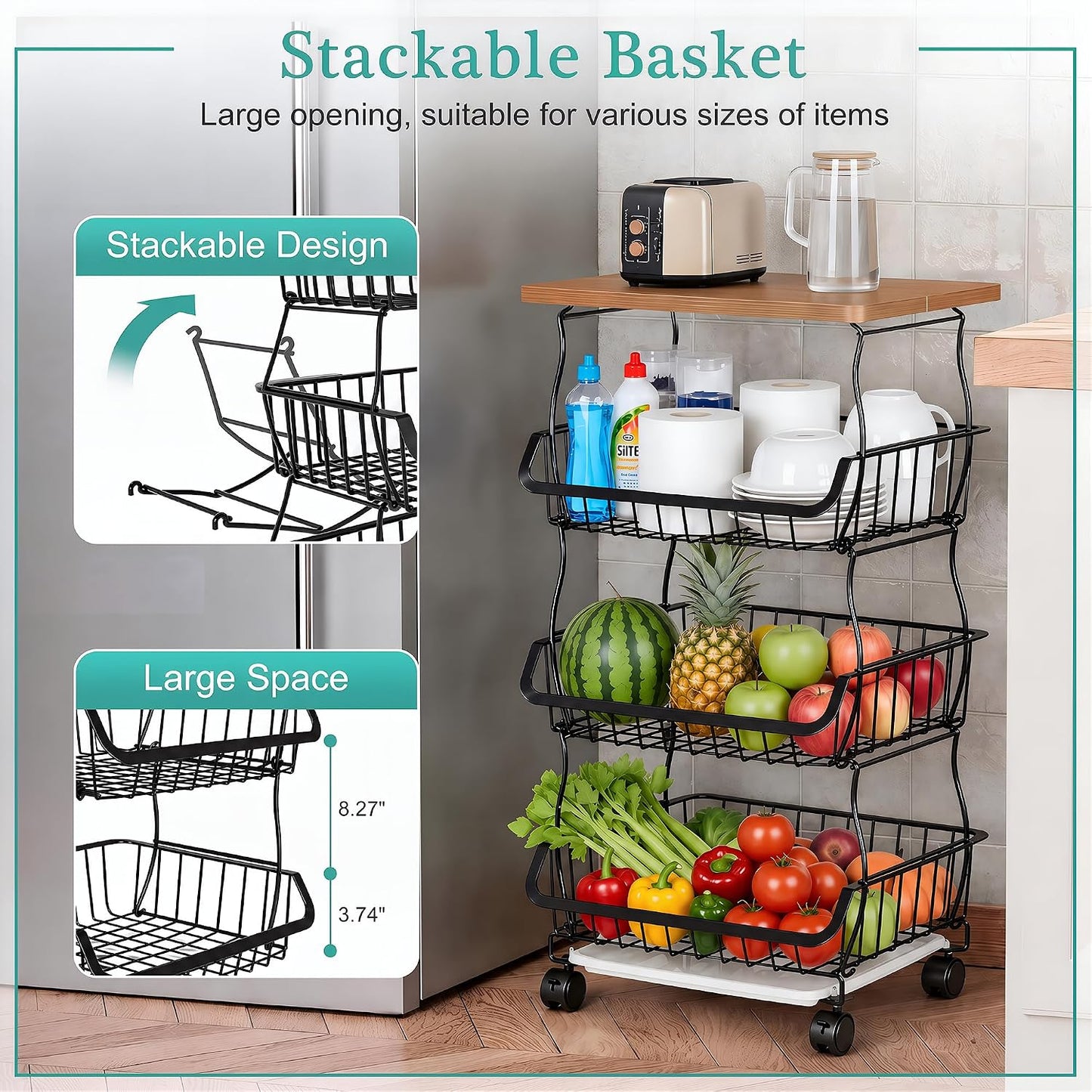 VECELO 4-Tier Fruit Basket with Wheels, Fruit and Vegetable Storage Cart for Kithchen, Stackable Produce Organizer Wire Baskets for Kitchen, Pantry, Living Room
