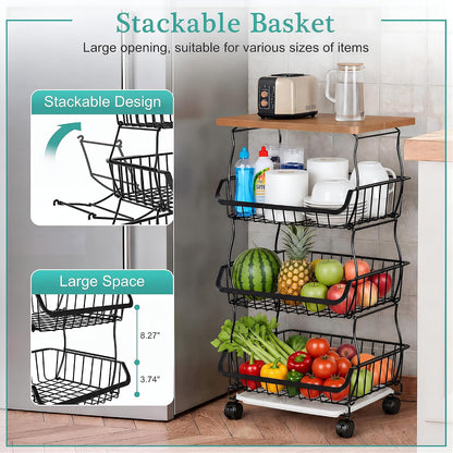 VECELO 4-Tier Fruit Basket with Wheels, Fruit and Vegetable Storage Cart for Kithchen, Stackable Produce Organizer Wire Baskets for Kitchen, Pantry, Living Room