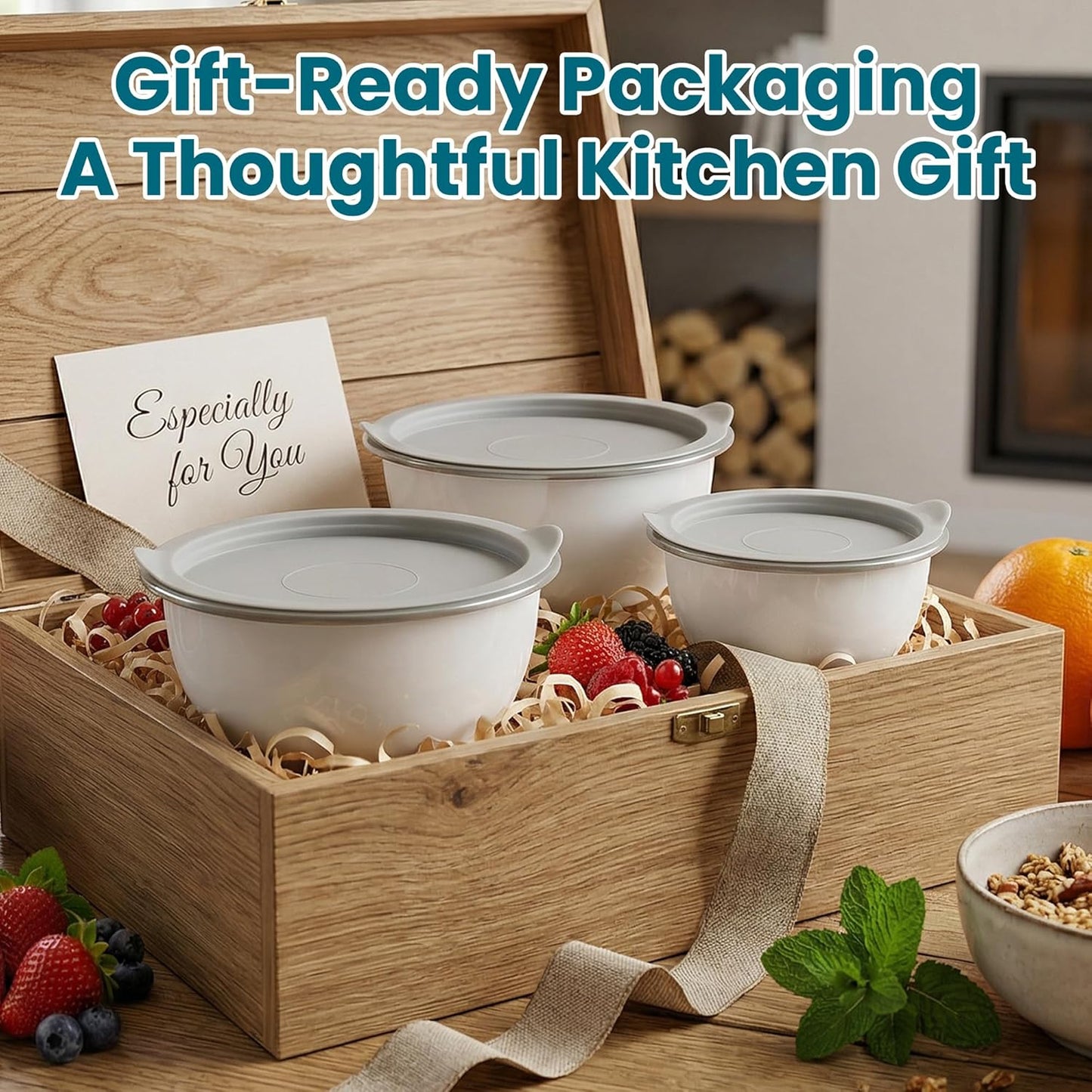 Rorence Mixing Bowls Set with Lids, 18/8 Stainless Steel Mixing Bowls with Non-Slip Silicone Base & Measurement Marks, Airtight Food Storage for Baking, Cooking & Meal Prep,1.5QT/3QT/5QT/Blue