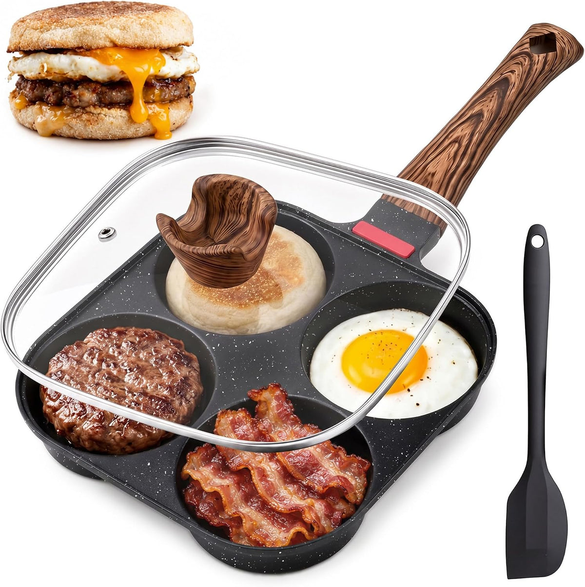 4 Cup Egg Pan Nonstick with Lid Silicone Scraper Mcgriddle Pan for Eggs