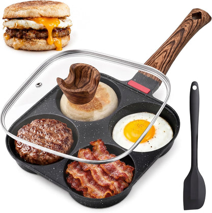 4 Cup Egg Pan Nonstick with Lid Silicone Scraper Mcgriddle Pan for Eggs