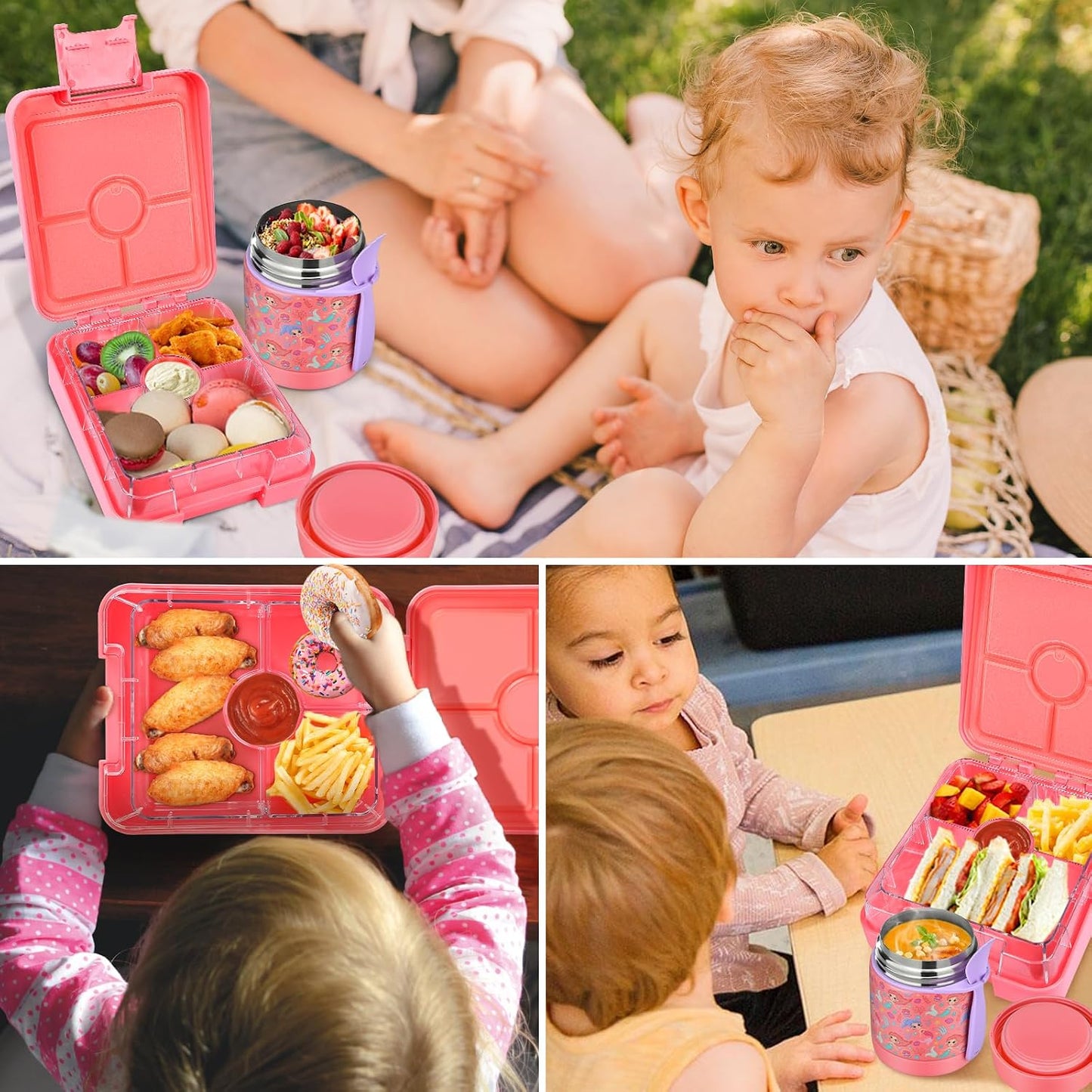 Bento Lunch Box Set for Kids with 10oz Soup Thermo, Leak-Proof Lunch Containers with 4 Compartment, Kids Thermo Hot Food Jar and Insulated Lunch Bag for Kid to School,BPA-Free(Dragon)