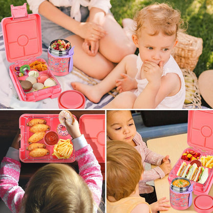 Bento Lunch Box Set for Kids with 10oz Soup Thermo, Leak-Proof Lunch Containers with 4 Compartment, Kids Thermo Hot Food Jar and Insulated Lunch Bag for Kid to School,BPA-Free(Dragon)