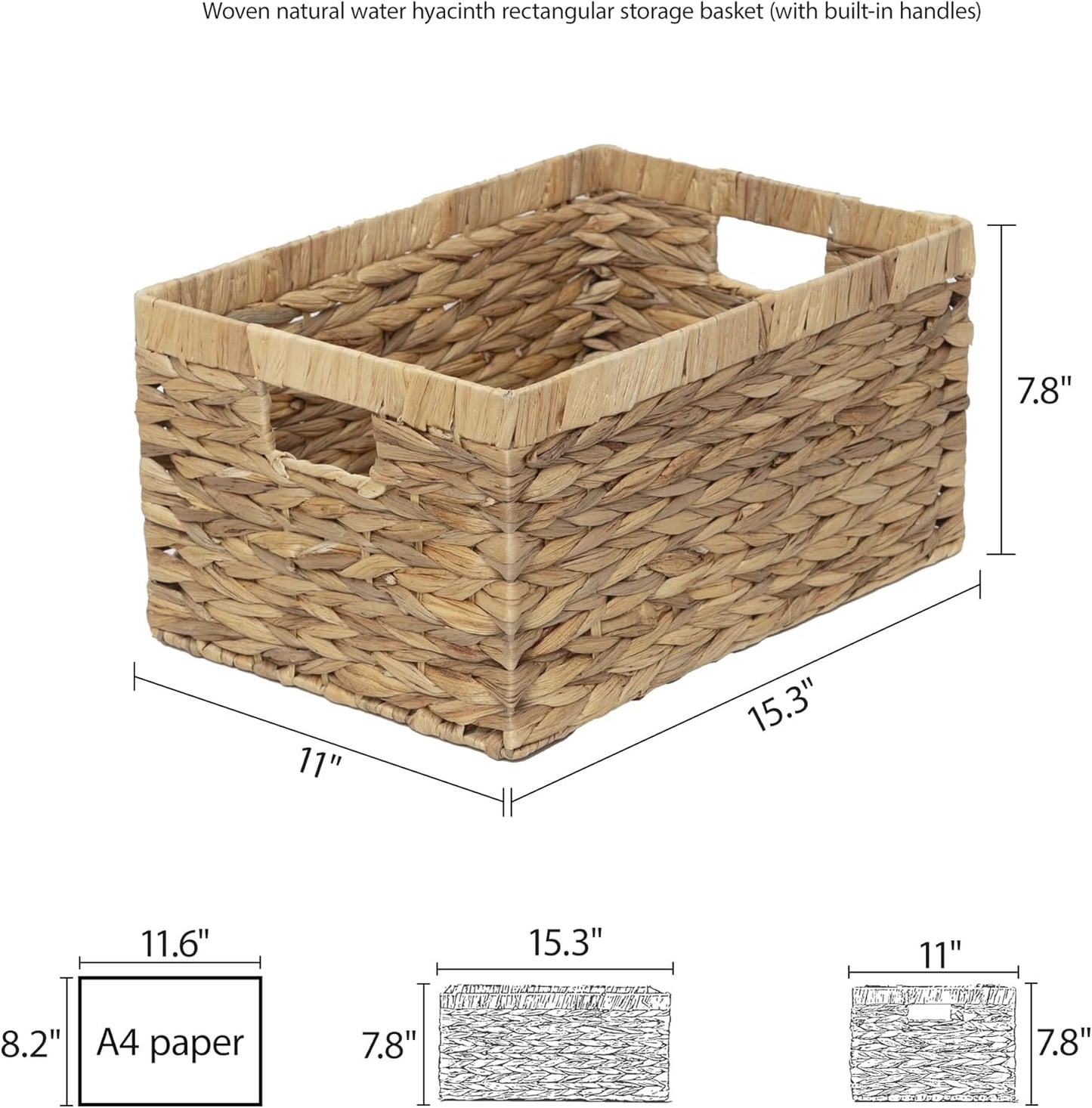 Storage Container, Natural Water Hyacinth Storage Bins Rectangular Basket,Arts and Crafts.