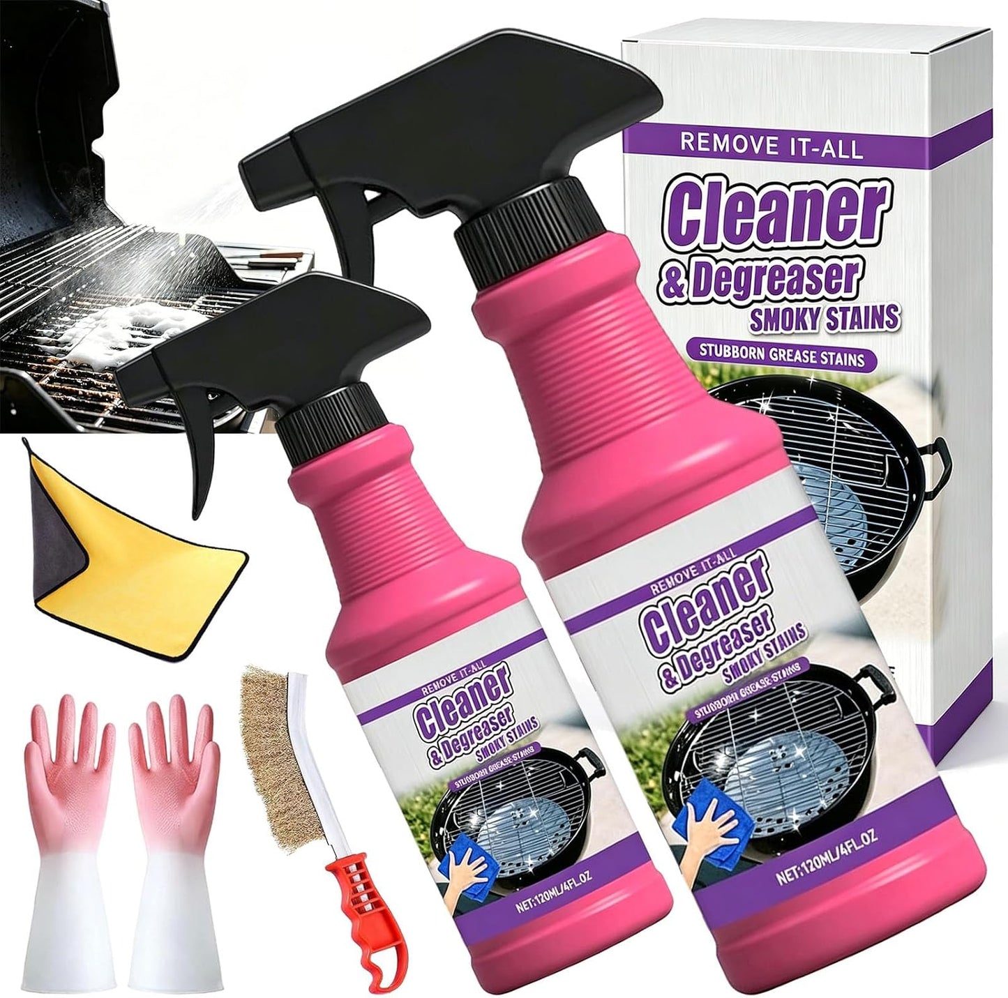 Fast-Acting Heavy-Duty Grill Degreaser Spray, No-stick BBQ Grill Cleaner Spray for Outdoor Grills, Heavy Duty Degreaser Cleaner for Grease, Oil, Burnt Food, Oven, Kitchen (2pc)