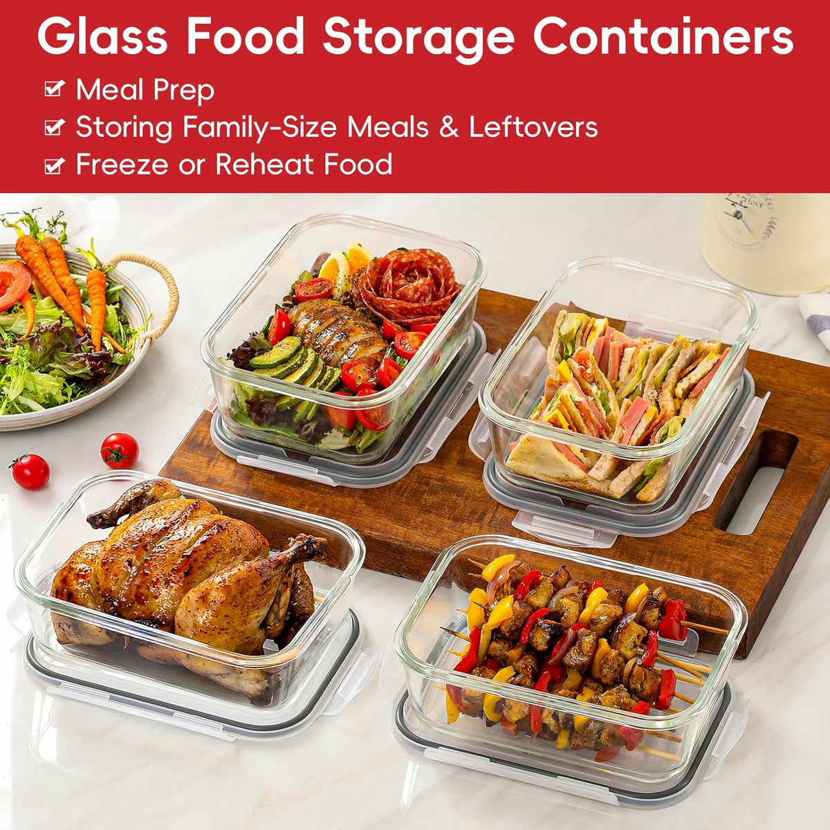 4 Pack 8 Cups/ 63oz Large Glass Storage Containers with Lids, Meal Prep Containers, Glass Food Storage with Airtight Lid for Baking, Leak Proof & Microwave, Oven Safe (4 Containers + 4 Lids)