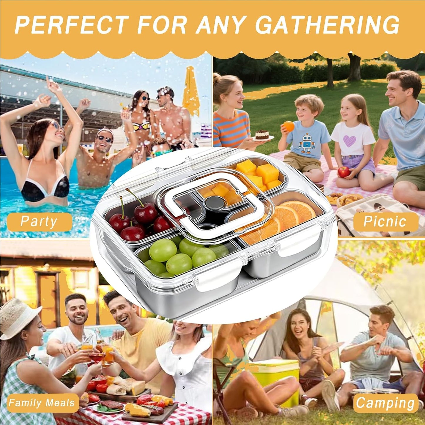 Snackle Box Container, Stainless Steel Divided Serving Tray with Lid and Handle, Large Snack Tray for Fruit Veggie Candy, 8-Compartment Snack Platter for Travel Party Beach Picnic